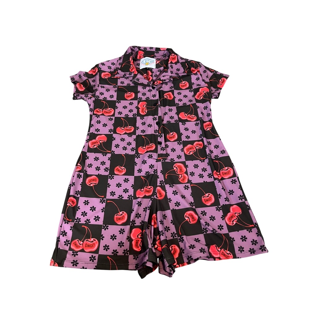 OMIGHTY Purple Checkered Cherry Print Button Front Romper Large